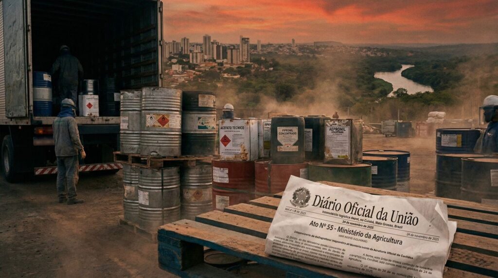 Fotojornalismo em depósito logístico de Cuiabá mostra o Diário Oficial com o Ato Nº 55 do MAPA em primeiro plano. Ao fundo, trabalhadores descarregam tambores de agrotóxicos com rótulos de Acefato Técnico e Fipronil, com a cidade e o rio ao fundo sob céu alaranjado.