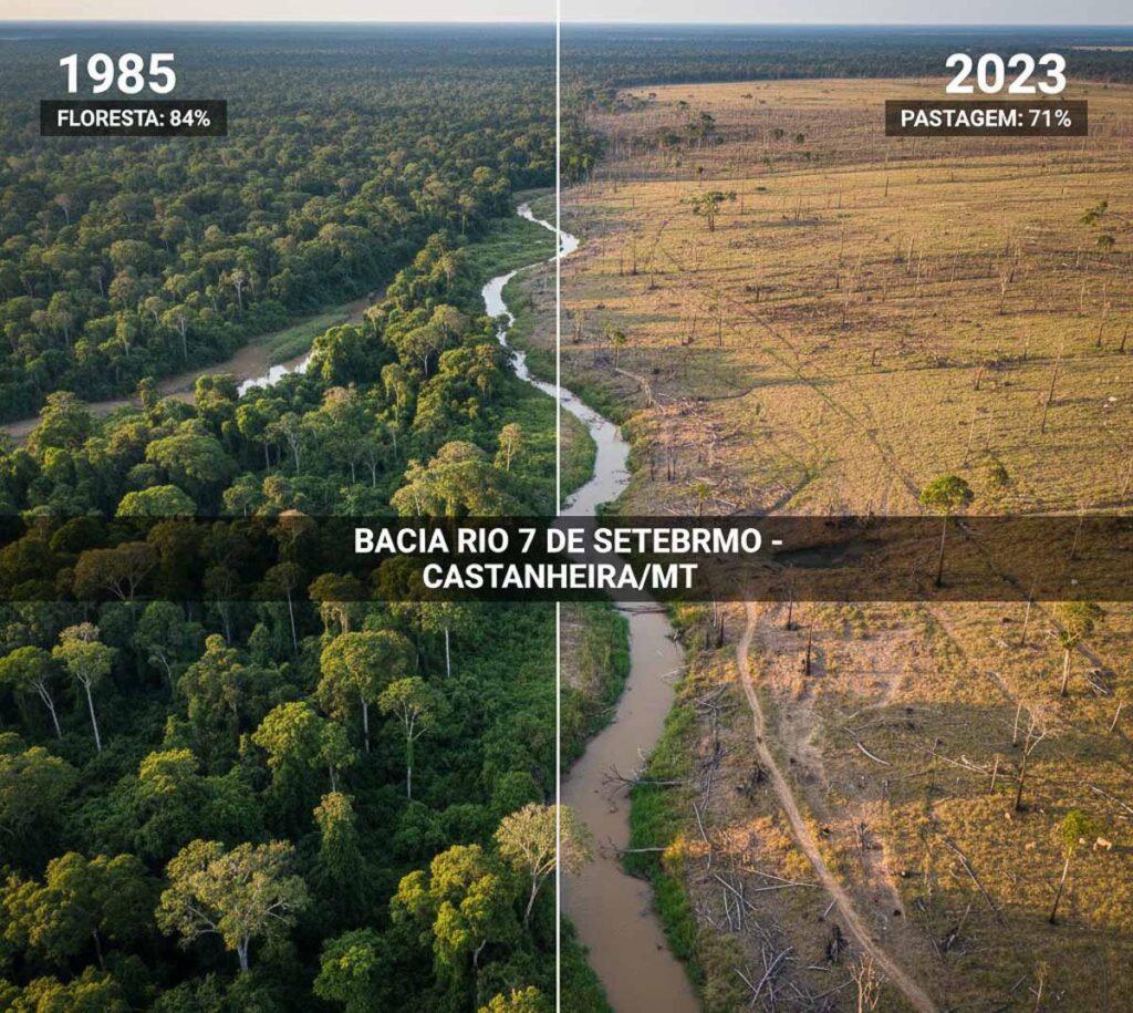 Mapa comparativo mostrando a bacia do Rio 7 de Setembro em Mato Grosso: à esquerda, em 1985, predominantemente verde (floresta); à direita, em 2023, predominantemente amarelo (pastagem).
