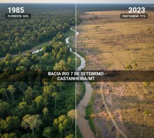 Mapa comparativo mostrando a bacia do Rio 7 de Setembro em Mato Grosso: à esquerda, em 1985, predominantemente verde (floresta); à direita, em 2023, predominantemente amarelo (pastagem).